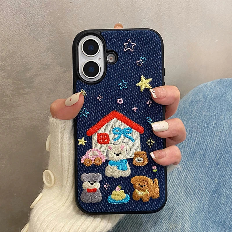 Fashion Denim Fabric Embroidery Puppy Dog Phone Case