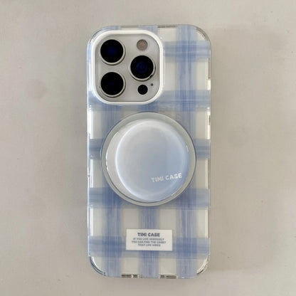 Fresh Simple Pink Blue Grid Pattern With Holder Magnetic Wireless Charging Phone Case