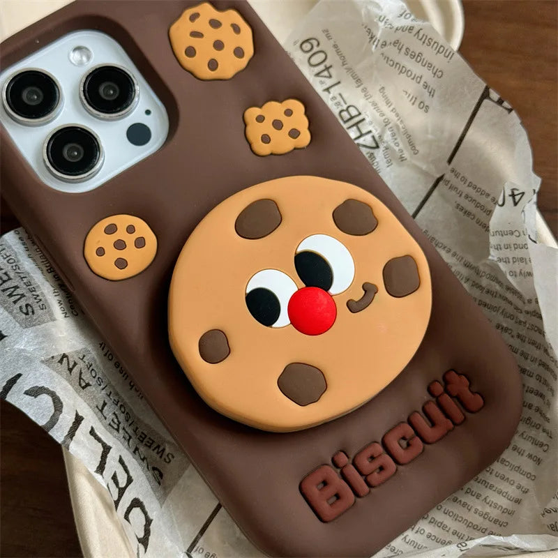 3D Cute Cartoon Chocolate Cookies Bracket Soft Silicone Phone Case For iPhone