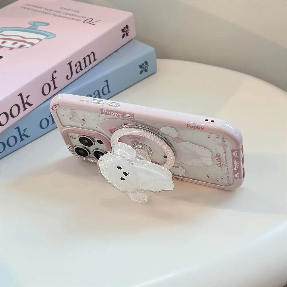 Cute Pink Puppy Magnetic Stand Holder Magsafe Wireless Charge Case For iPhone