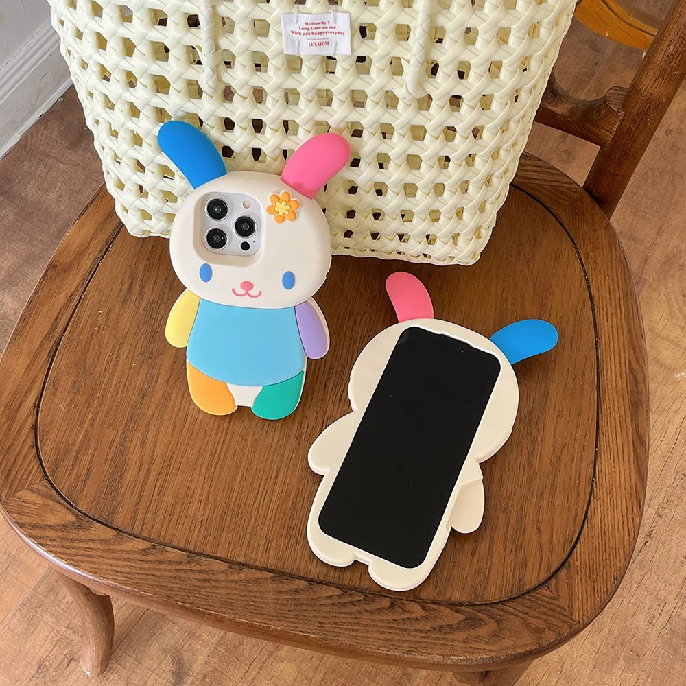 Japan Ins Kawaii 3D Cartoon Rainbow Bunny Rabbit Soft Silicon Phone Case Shockproof Cover For iPhone