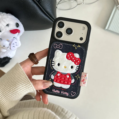 Luxury Denim Leather Pattern Cartoon Hello Kitty Case For iPhone Love Heart Stars Style Cover