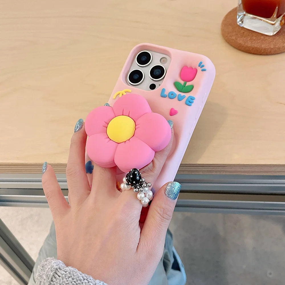 Cute 3D Floral Bracket Soft Silicone Case Flower Stand Holder Cover For iPhone