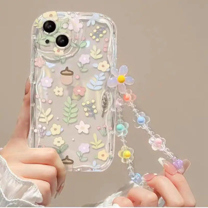 Phone Case For iPhone Back Cover Flower Bracelet Wrist Chain Strap