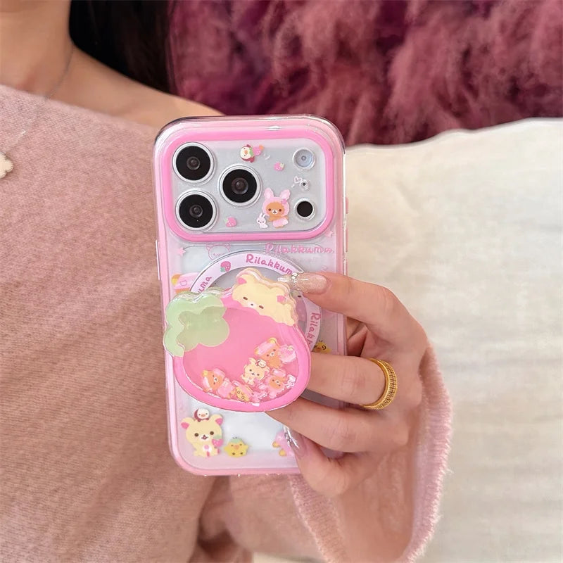 Cute Strawberry Bear Phone Case For iPhone With Magnetic Grip Stand Shockproof