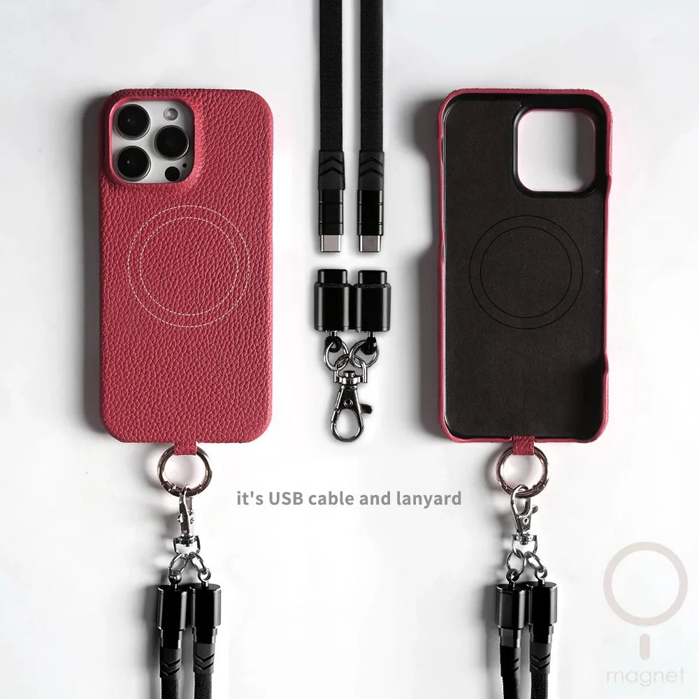 Versatile Lanyard Charging Cable Genuine Leather Phone Case For iPhone