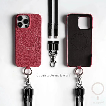 Versatile Lanyard Charging Cable Genuine Leather Phone Case For iPhone