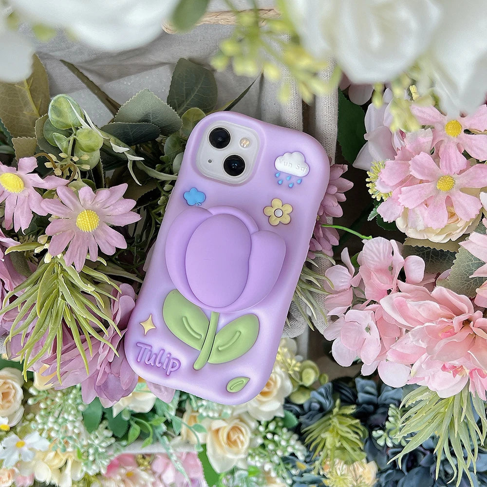 Kawaii Summer Floral Tulip Bracket Soft Silicone Phone Case