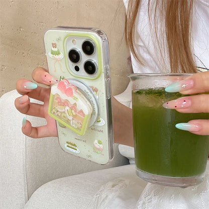 Cute Matcha Cake Magnetic Stand Phone Case For iPhone Magsafe Holder Grip Cases Funda
