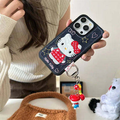 Luxury Denim Leather Pattern Cartoon Hello Kitty Case For iPhone Love Heart Stars Style Cover