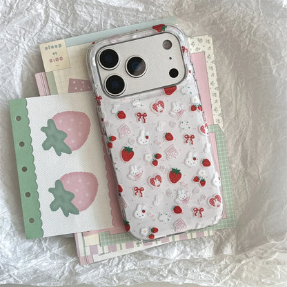 Cute Strawberry Rabbit Phone Case For iPhone Cover With Polka Dots Cartoon Shockproof Fundas With Hinge