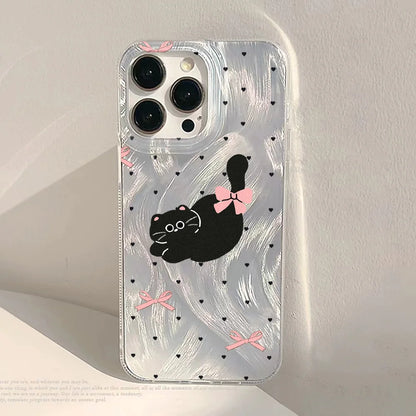 Laser Silver Black Cat iPhone Case With Feather-Texture Protection