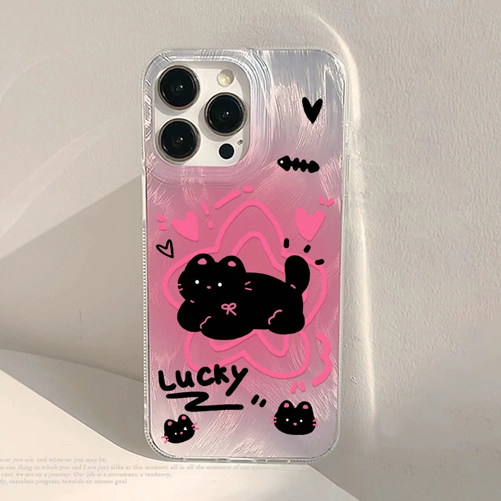 Laser Silver Black Cat iPhone Case With Feather-Texture Protection