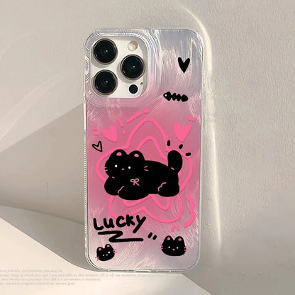 Laser Silver Black Cat iPhone Case With Feather-Texture Protection