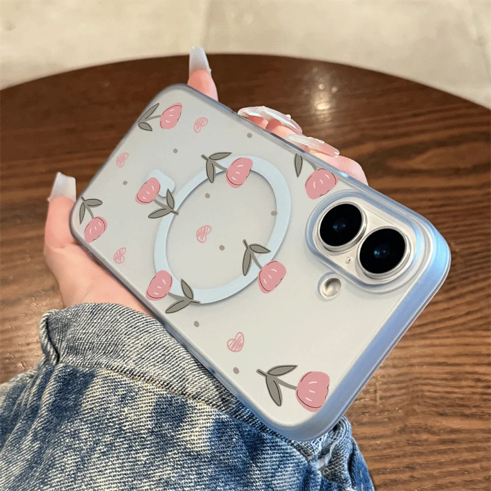 Pink Tulip Heart Tiny Dot Print Wireless Charging Phone Case For Magsafe iPhone