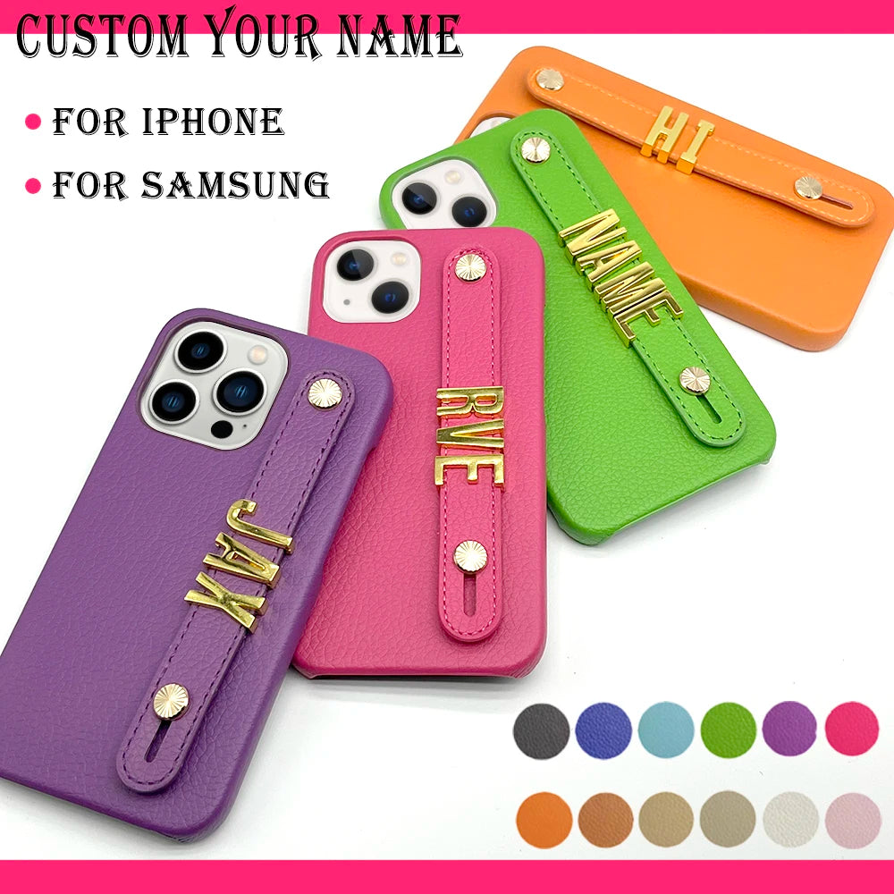 Personalized Leather Phone Case with Strap & Gold Letters For iPhone