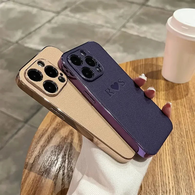 Personalised Customized Initials Name Case For iPhone Luxury Leather Plating Leather Cover