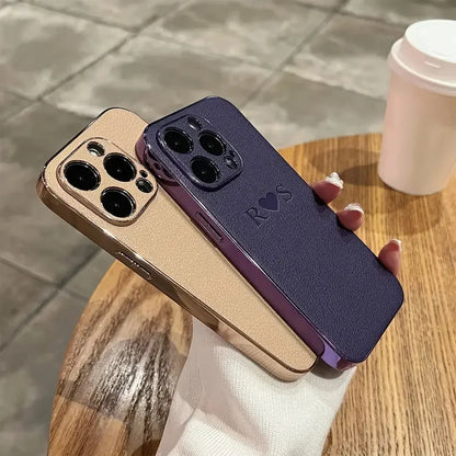 Personalised Customized Initials Name Case For iPhone Luxury Leather Plating Leather Cover