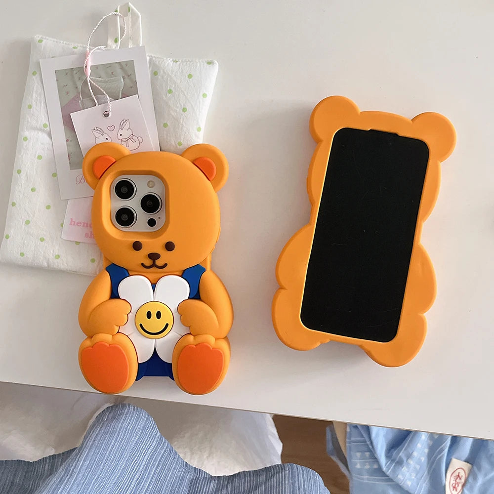 Kawaii 3D Cartoon Floral Teddy Bear Soft Silicone Case For iPhone
