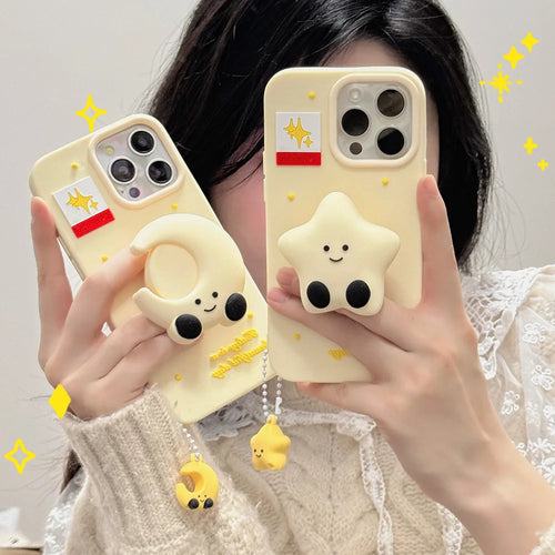 Kawaii Smile Moon Star Case Soft Silicone Cover With Holder Pendant For iPhone