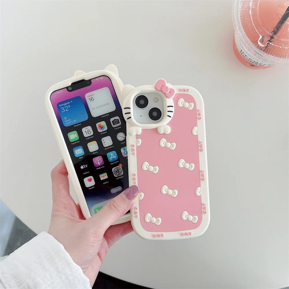 3D Cartoon Cute Bowknot Cat Camera Lens Protection Case For iPhone