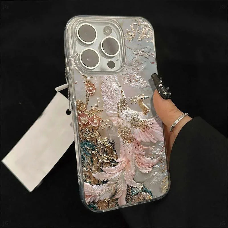 High End Feather Yarn Phoenix Pattern Design Phone Anti Drop Protective Case For iPhone