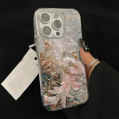 High End Feather Yarn Phoenix Pattern Design Phone Anti Drop Protective Case For iPhone