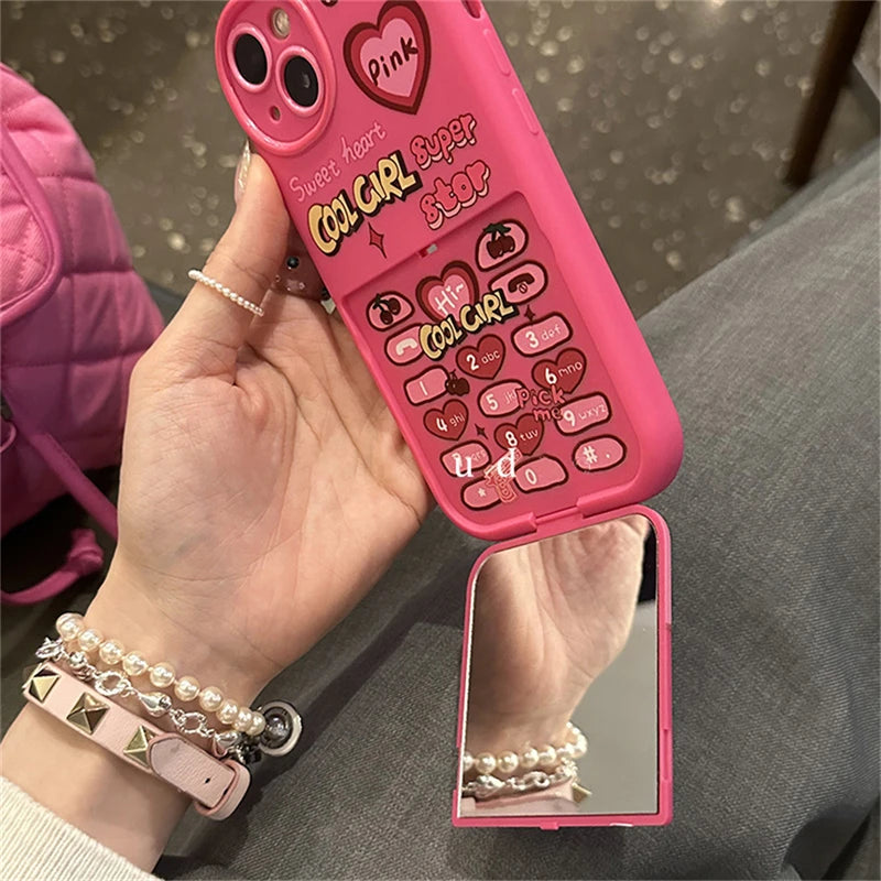Retro Funny Mobile Cherry Heart Pink Make Up Mirror Phone Case