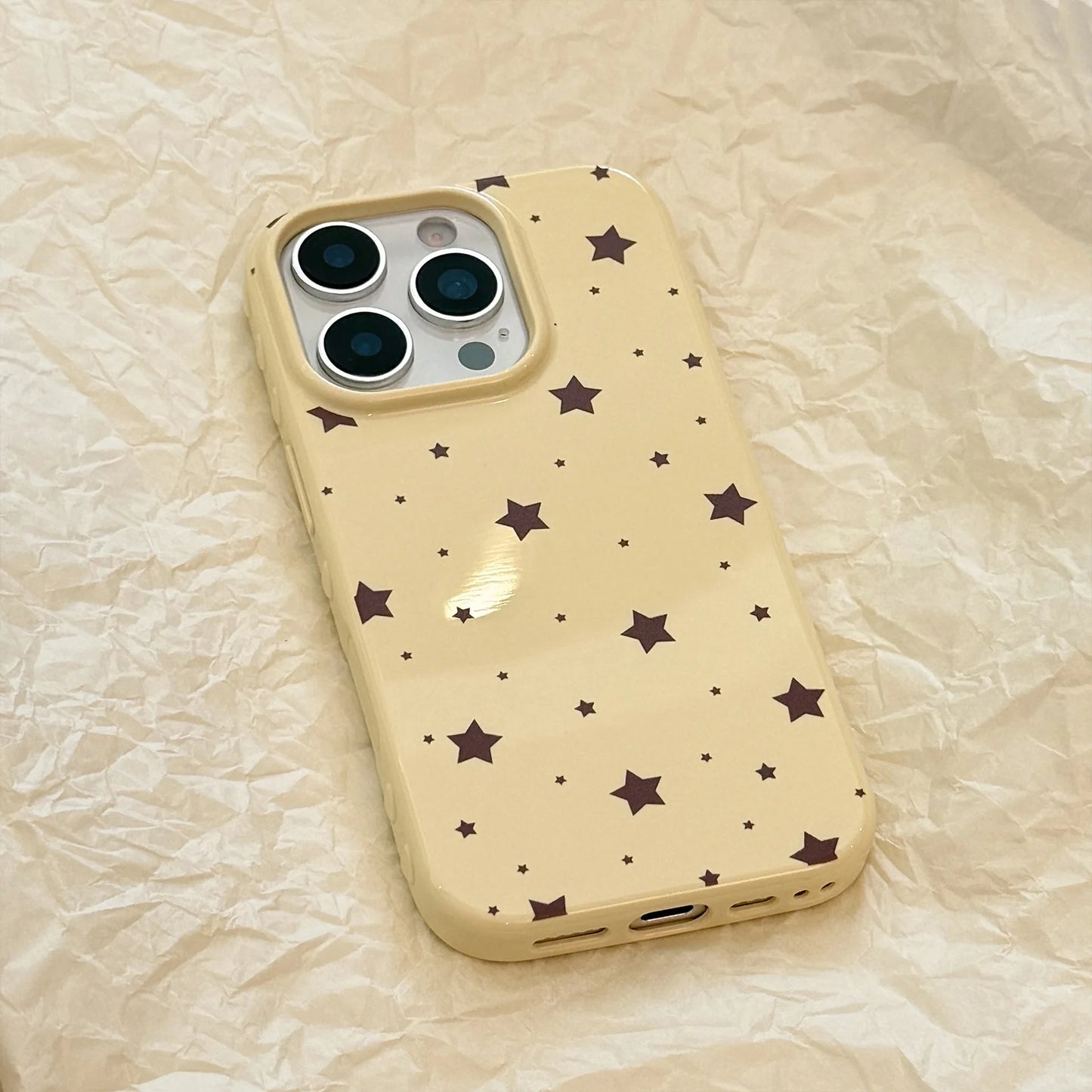Korean Style Yellow Full Screen Brown Stars Soft Phone Case For iPhone