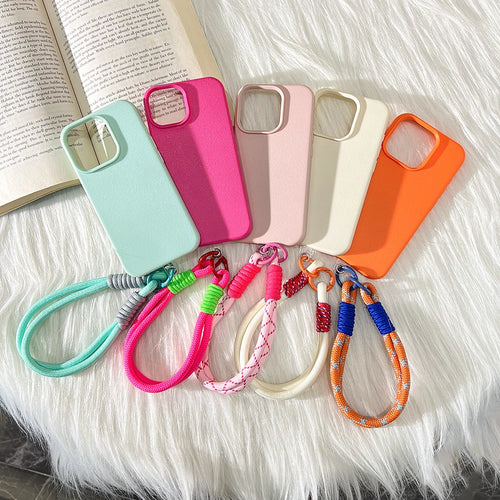 Cute Candy Leather Texture With Wrist Strap Case For iPhone Solid Color Soft Cover