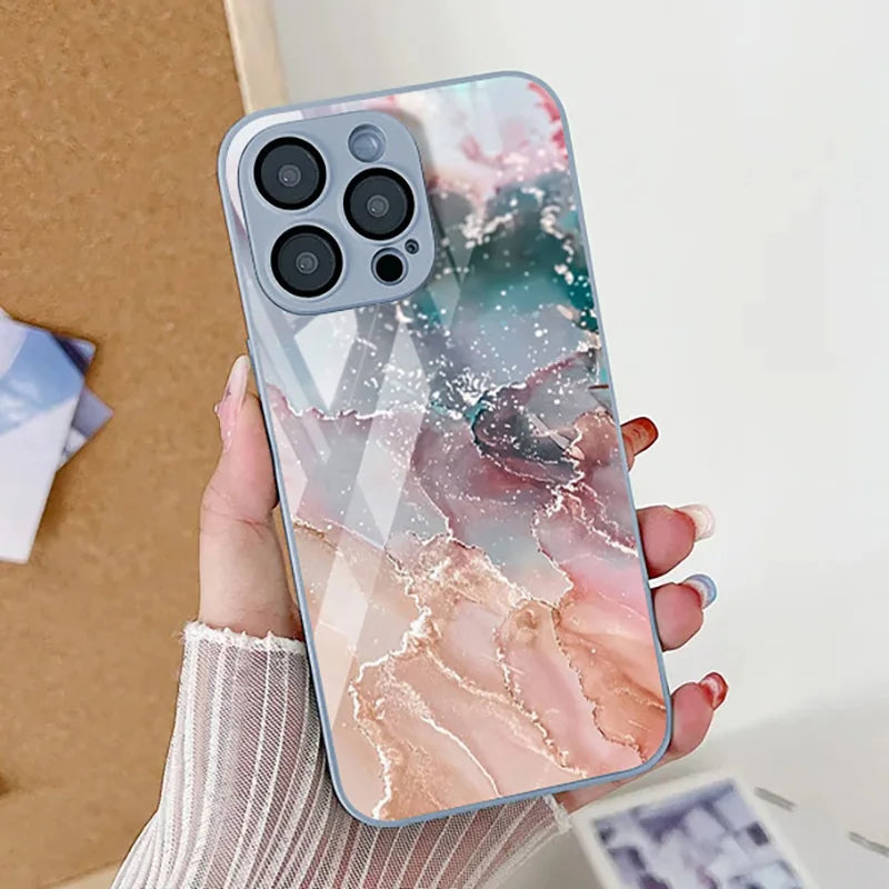 Elegant Marble Pattern iPhone Case With Tempered Glass Cover