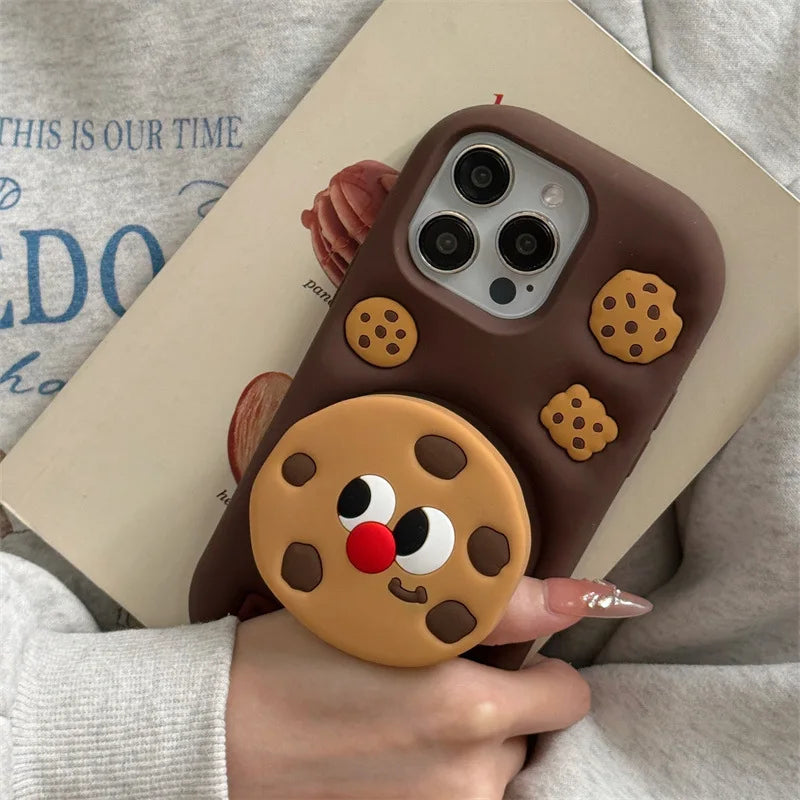 3D Cute Cartoon Chocolate Cookies Bracket Soft Silicone Phone Case For iPhone