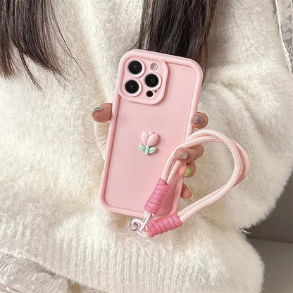 3D Cute Tulip Flower Lanyard Rope Phone Case For iPhone