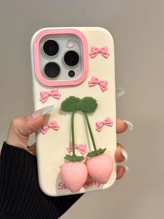 Cute Pink 3D Bow Strawberry Silicone Phone Case