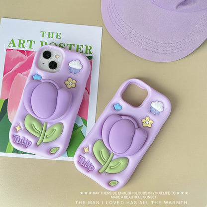 Kawaii Summer Floral Tulip Bracket Soft Silicone Phone Case