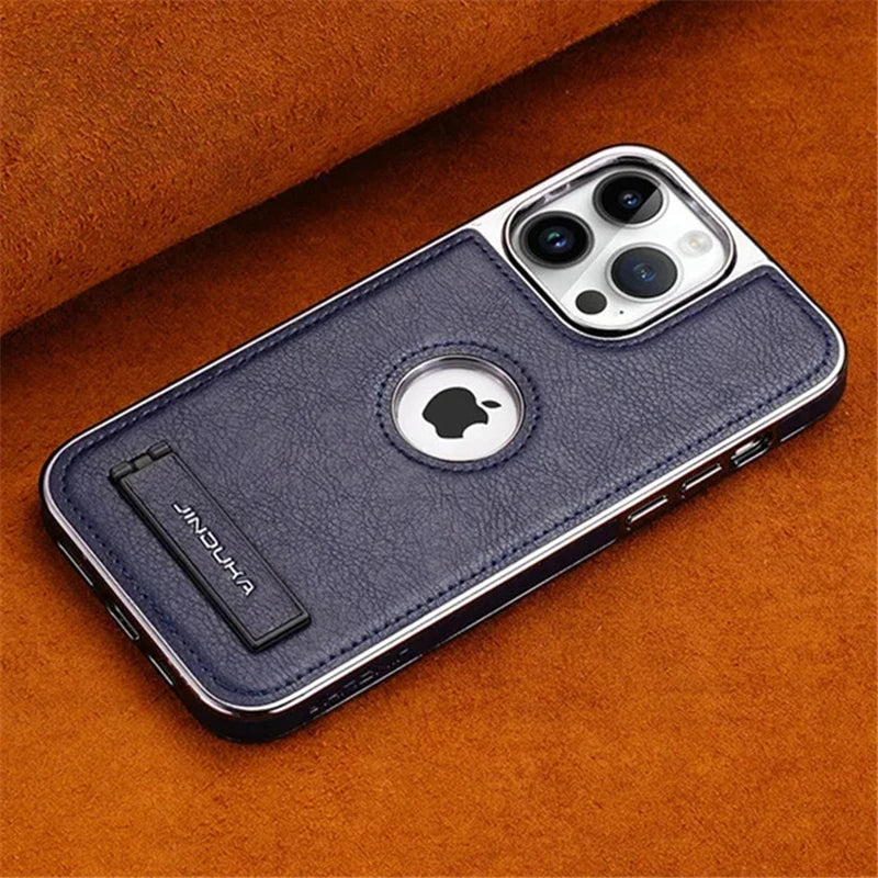 Luxury Plating Bumper Leather Folding Kickstand Phone Case For iPhone