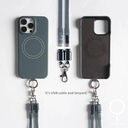 Versatile Lanyard Charging Cable Genuine Leather Phone Case For iPhone