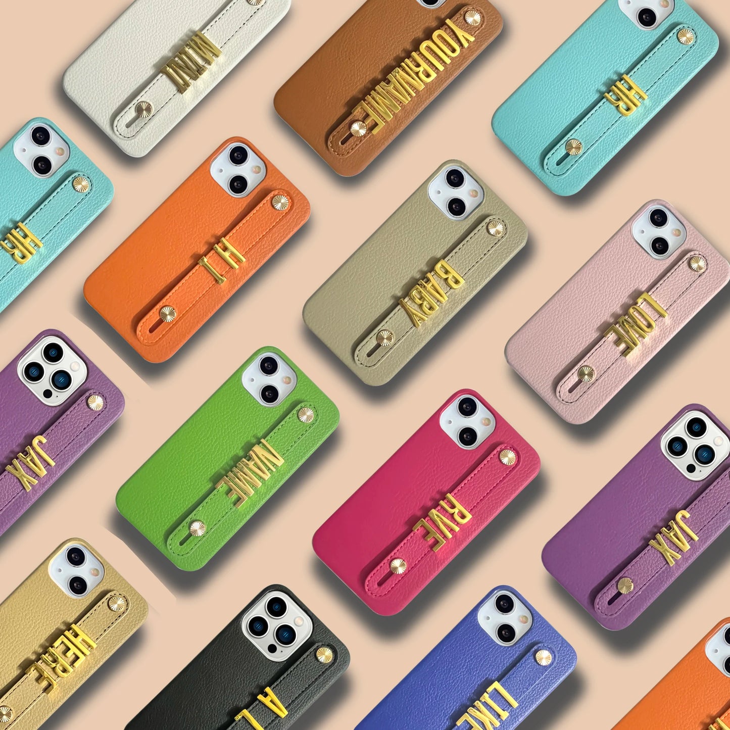 Holding Strap Personalised Custom Name Gold Metal Letters Leather Phone Case For Iphone