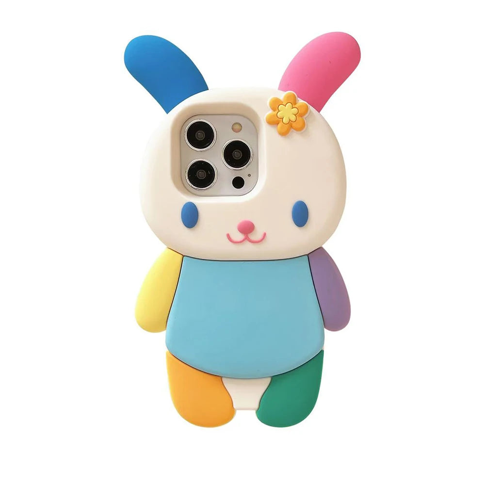Japan Ins Kawaii 3D Cartoon Rainbow Bunny Rabbit Soft Silicon Phone Case Shockproof Cover For iPhone