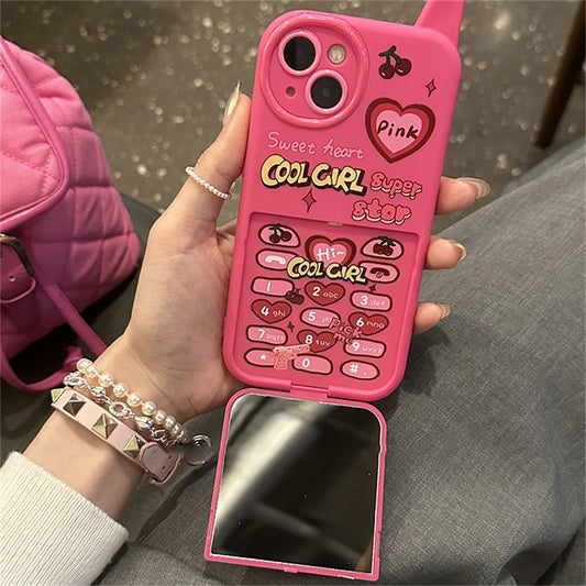 Retro Funny Mobile Cherry Heart Pink Make Up Mirror Phone Case