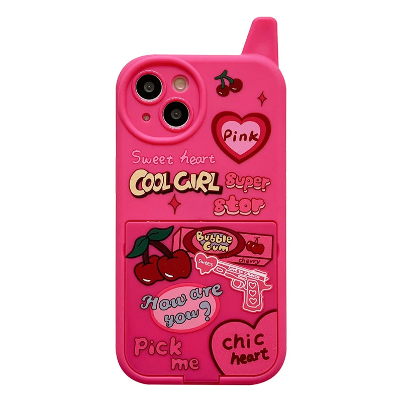 Retro Funny Mobile Cherry Heart Pink Make Up Mirror Phone Case