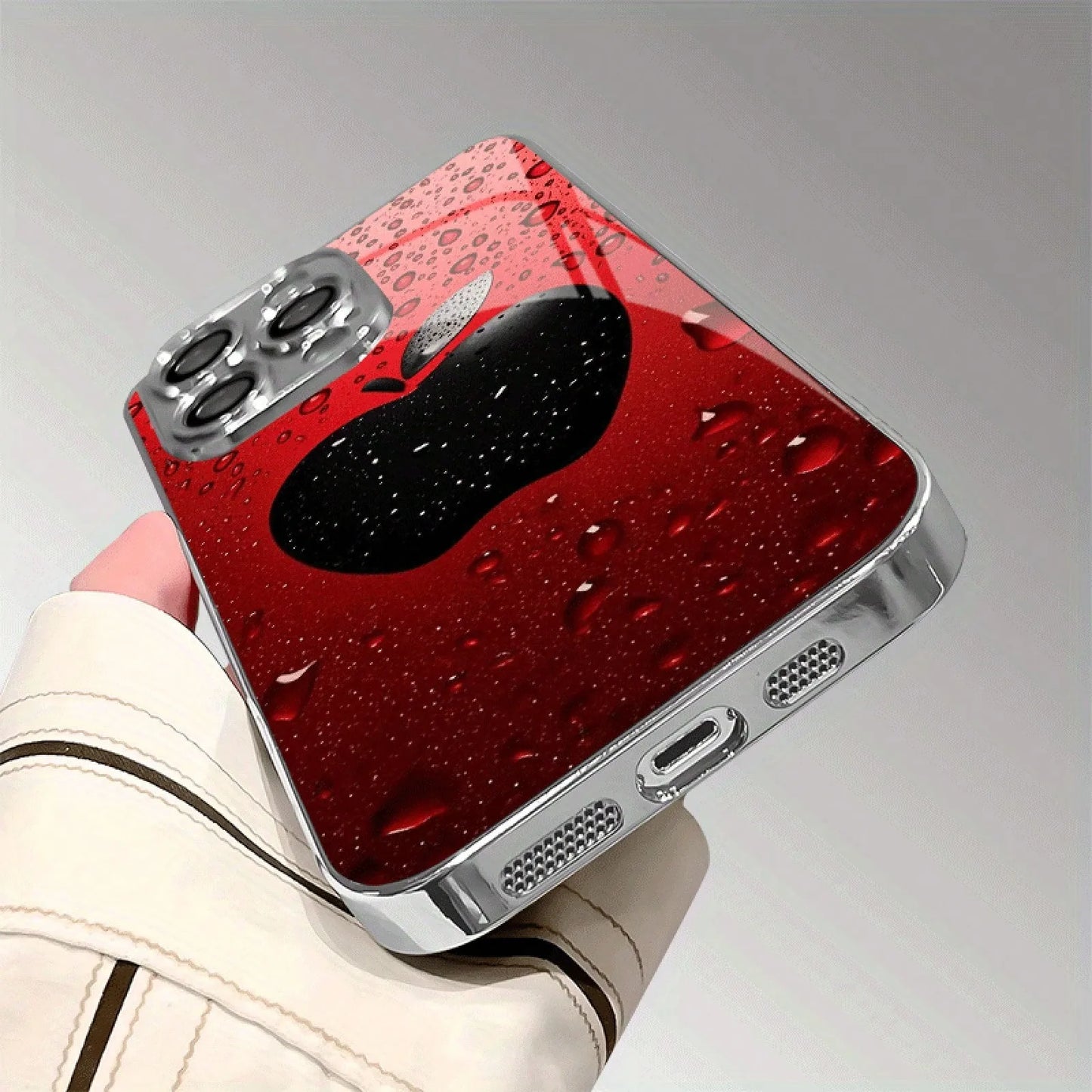 Advanced Lucky Red Water Drop Apple Pattern For iPhone Case Plating Silver Glass Design