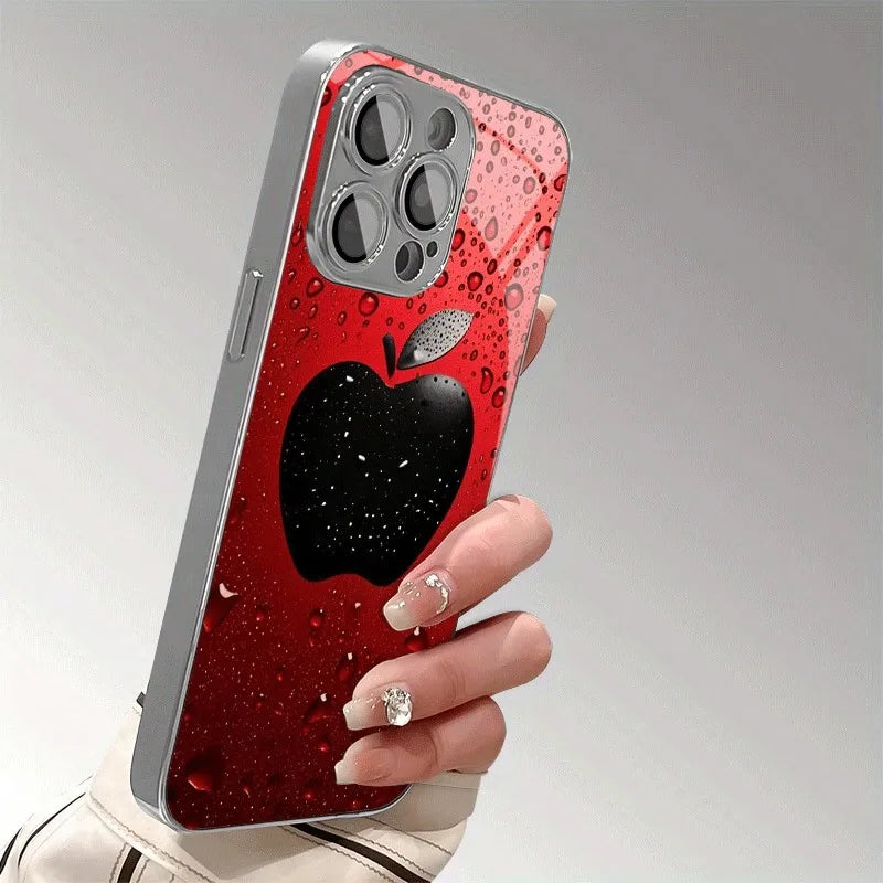 Advanced Lucky Red Water Drop Apple Pattern For iPhone Case Plating Silver Glass Design
