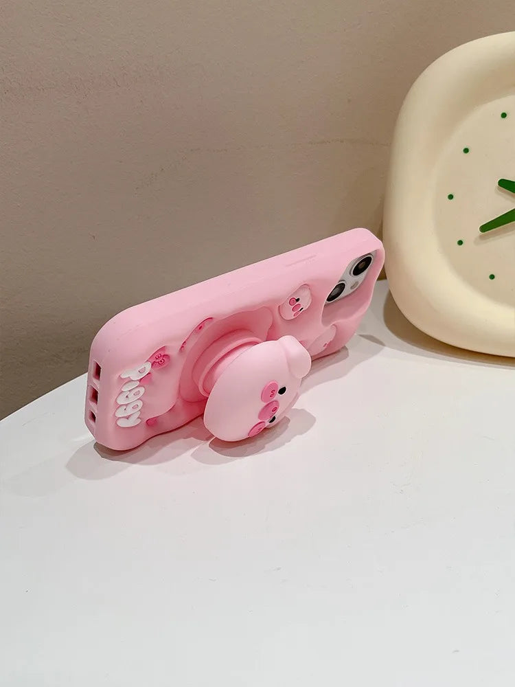 Cute Funny Pig Piggy Telescopic Bracket Case For iPhone