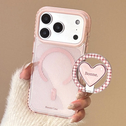 Korean Pink Striped With Plaid Love Heart Bracket Magnetic Phone Case For iPhone