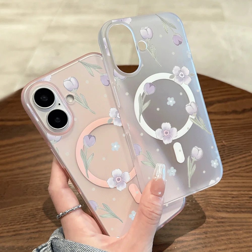 Tulip Floral Tiny Dot Print Wireless Charging Phone Case For iPhone