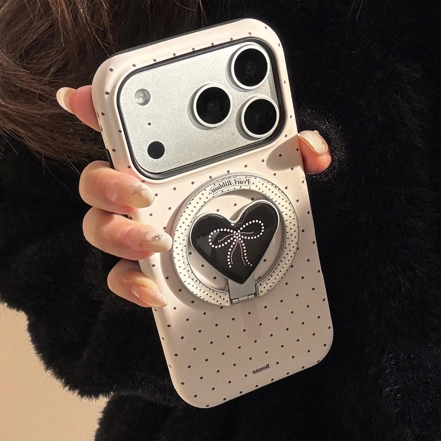 Korean Polka Dots Love Heart Bracket Magnetic Phone Case For iPhone