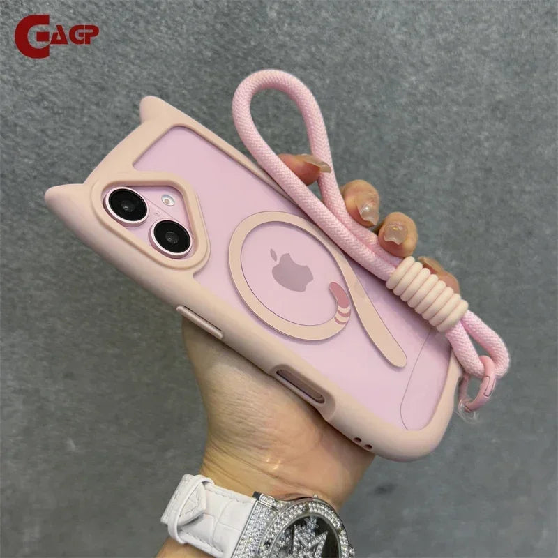 Cartoon Cat Ear Magnetic Lanyard Case Wristband Clear Soft Border Cover For iPhone