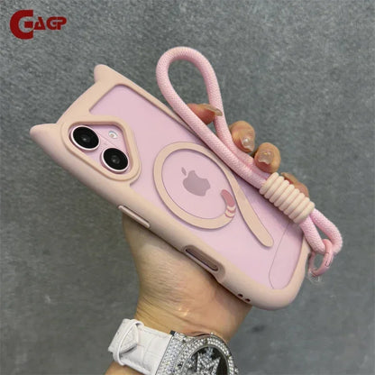 Cartoon Cat Ear Magnetic Lanyard Case Wristband Clear Soft Border Cover For iPhone