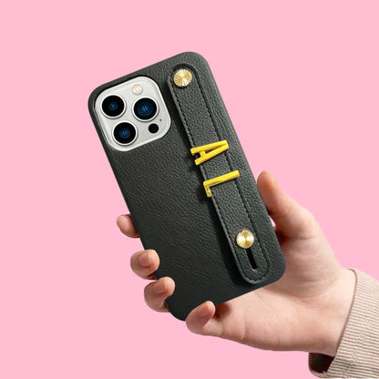 Holding Strap Personalised Custom Name Gold Metal Letters Leather Phone Case For Iphone
